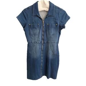 C&B Denim Zip Front Dress Womens Large Blue Jean Shirt Dress Short Sleeve